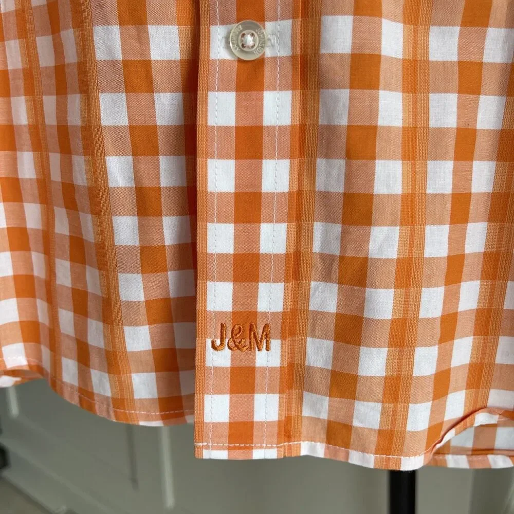Johnston & Murphy tailored fit Orange Gingham Plaid shirt Contrast Trim Size M